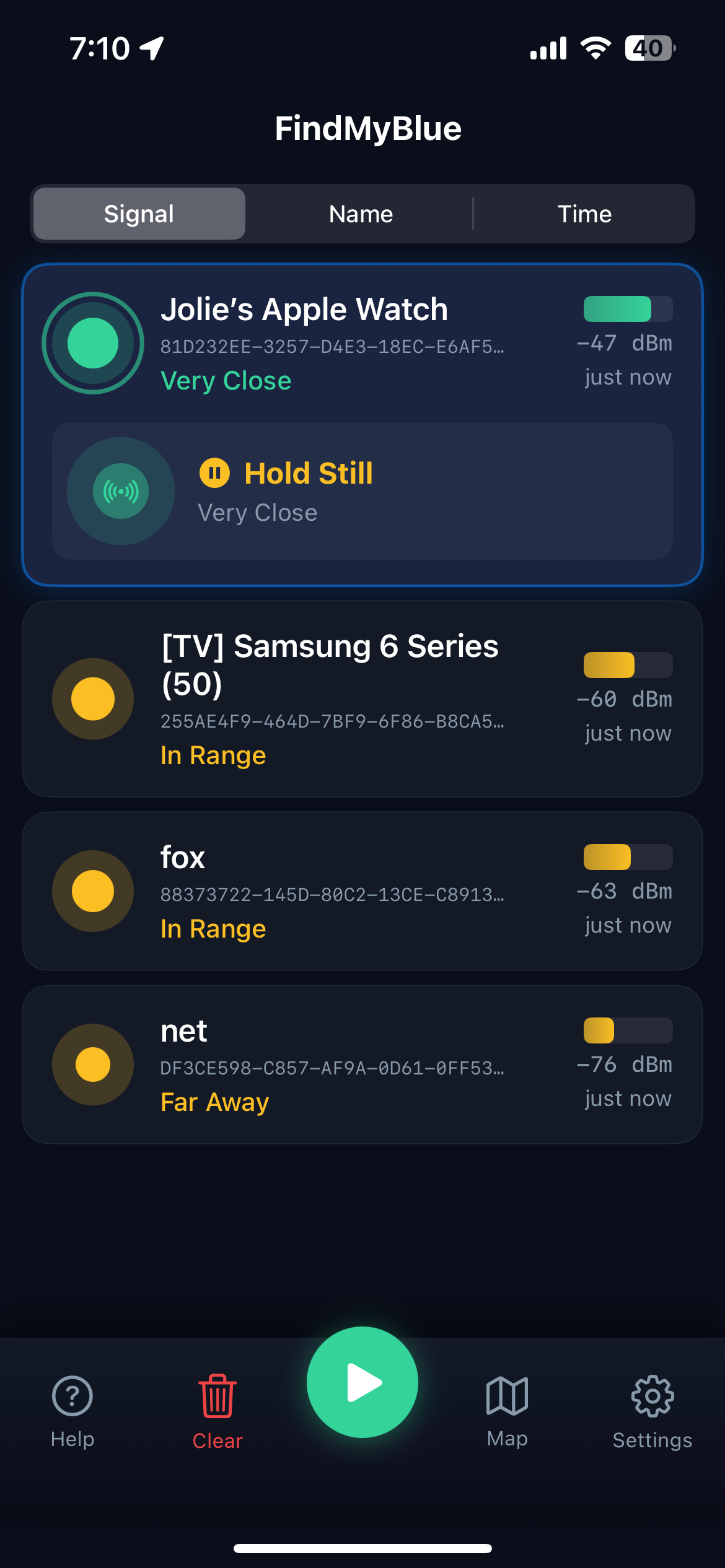 Tracking a selected device with signal feedback